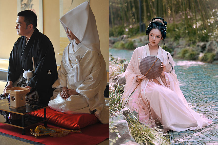 two photos depicting wedding kimonos