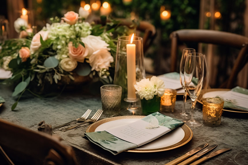 table decor at a wedding including a folded napkin