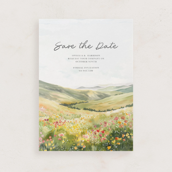 watercolor countryside scene save the date