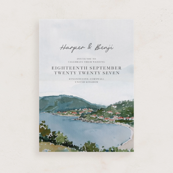 watercolor illustration of ocean view on invitation card