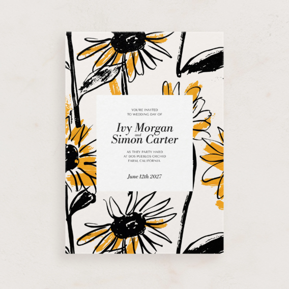minimalist black and white sunflower wedding invitation