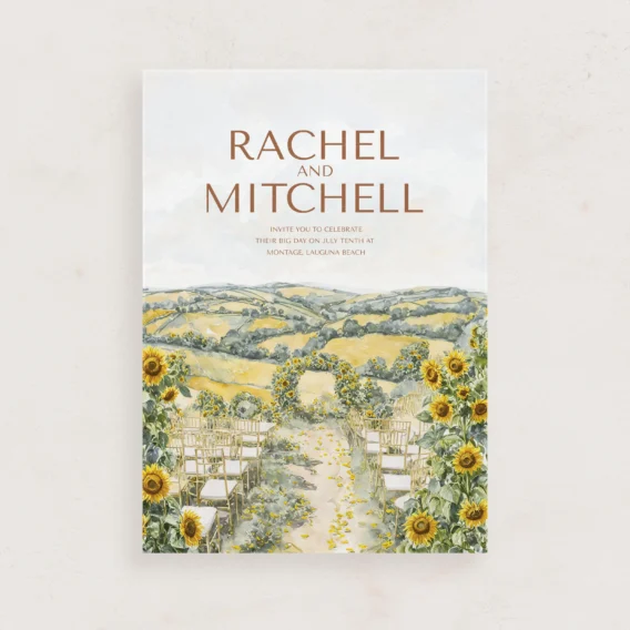 outdoor wedding invitation with sunflower arch