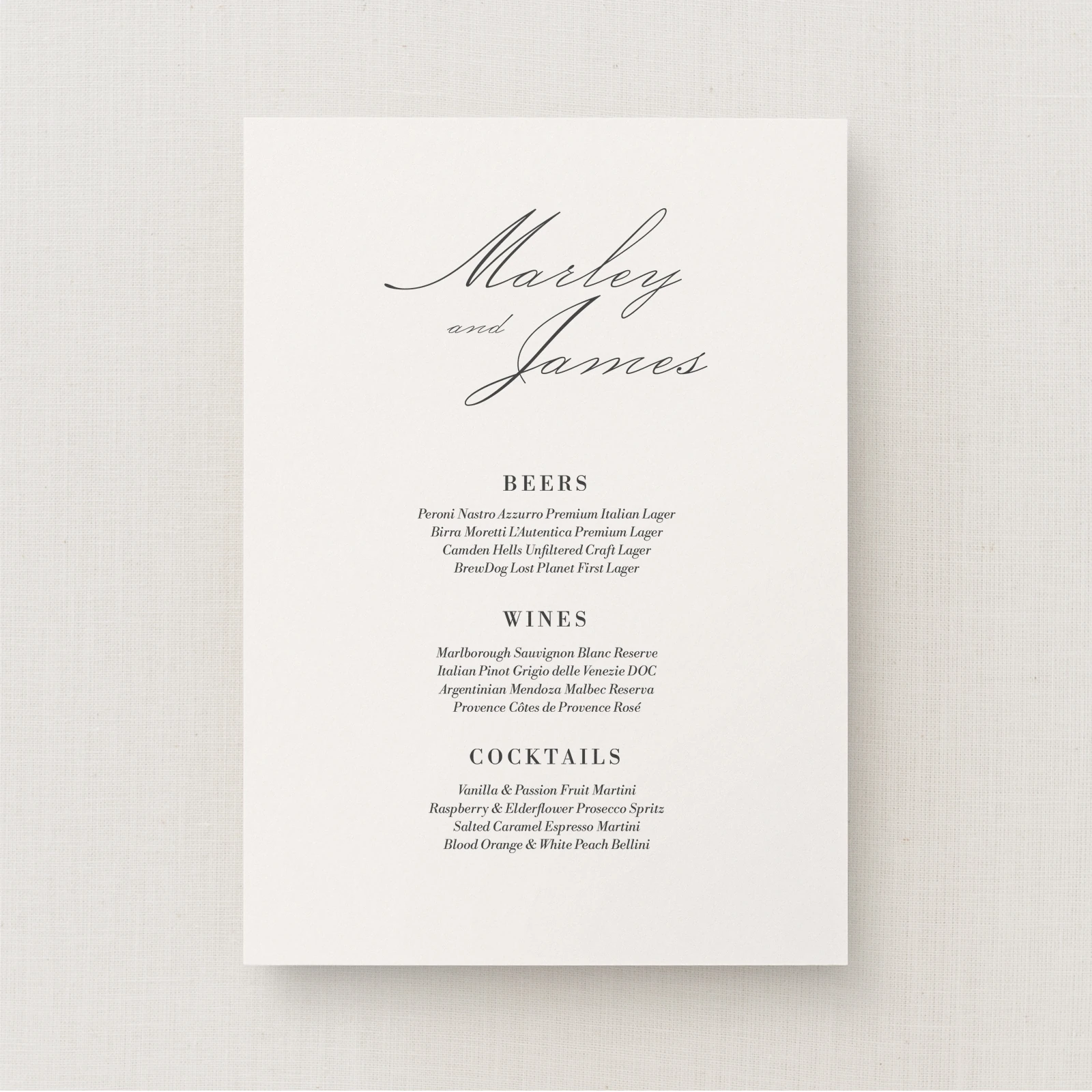 Zafra Collection Drinks Menu